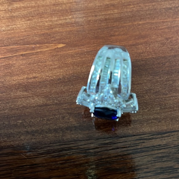 White Gold Plated Blue Sapphire Diamond Crown Simulated Ring - Picture 13 of 14